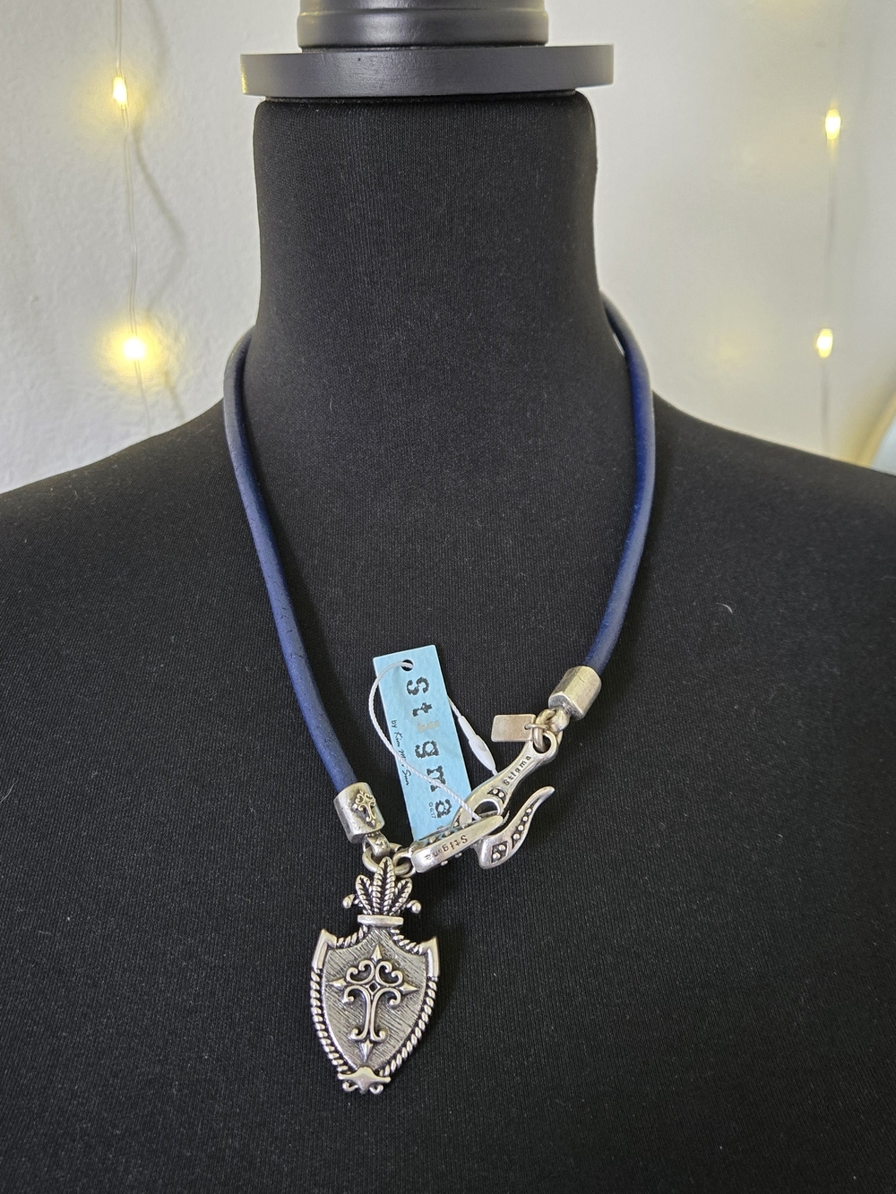 Stigma Navy Cord Necklace with Silver Shield Pendant and Accents